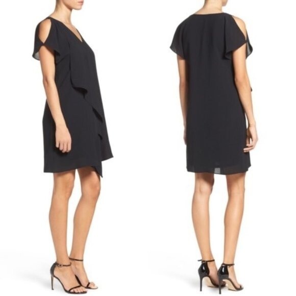 NWOT Adrianna Papell Cold Shoulder Black Draped Mini Above Knee Shift Dress 2 - Picture 3 of 8
